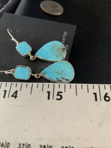 Kingman Turquoise Dangle Earrings | Navajo Sterling Silver | Authentic Native American Handmade | 14078