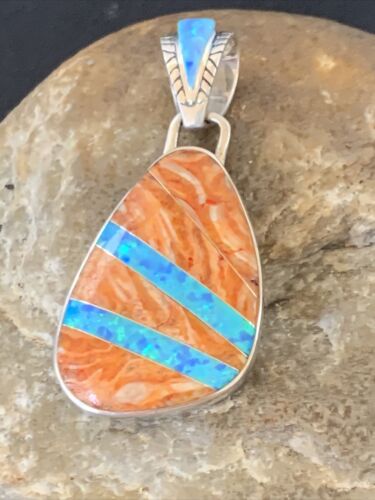 Men's Navajo Orange Spiny Oyster Blue Opal Inlay Pendant | Sterling Silver | Authentic Native American Handmade | 12486