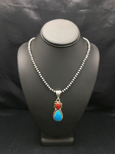 Navajo Turquoise & Coral Pendant Necklace | Sterling Silver | Authentic Native American Handmade | 2580