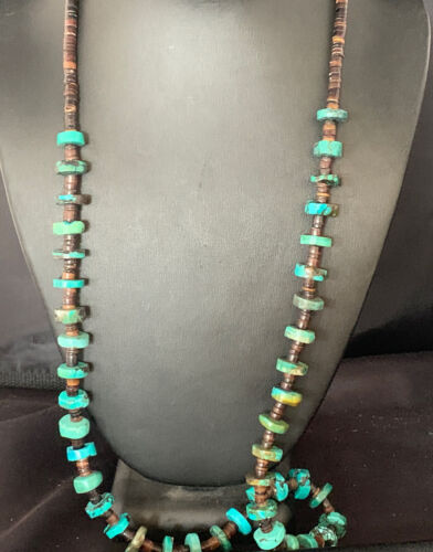 Native American Navajo Turquoise Shell Heishi Bead Necklace | Sterling Silver | 30" | 00762