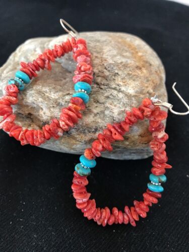 Navajo Sterling Silver Turquoise Spiny Oyster Earrings | 2" | Authentic Native American Handmade | 2038