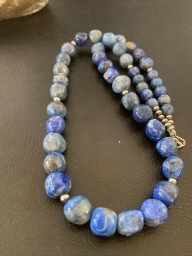 Navajo | Sterling Silver | Handmade Blue Denim Lapis Bead Necklace Pendant | Authentic Native American | 20" | 02206