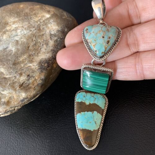 Navajo Pearls Necklace Pendant | Sterling Silver | Blue Turquoise #8 Malachite | Native American Handmade | 13500