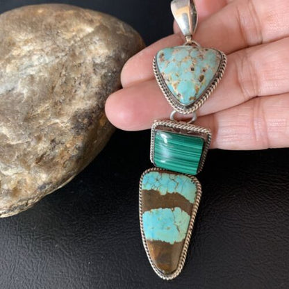 Navajo Pearls Necklace Pendant | Sterling Silver | Blue Turquoise #8 Malachite | Native American Handmade | 13500