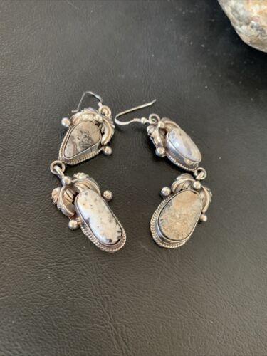 Navajo White Buffalo Turquoise Dangle Earrings | Sterling Silver | 2.5" | Authentic Native American Handmade | 12154