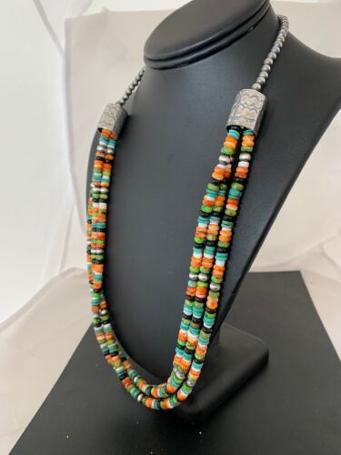 Navajo Green Turquoise, Lapis & Spiny Oyster Necklace | Sterling Silver | Authentic Native American Handmade | 3238
