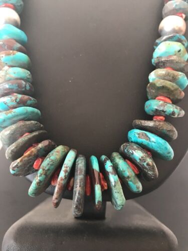 Navajo Blue Turquoise & Spiny Oyster Necklace | Sterling Silver | Authentic Native American | 24" | 202