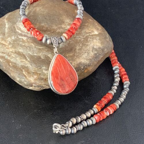 Navajo Red Spiny Oyster Necklace | Sterling Silver Pendant | Authentic Native American Handmade | Men's | 13815