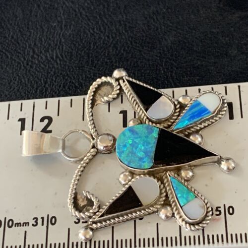 Zuni Butterfly Opal Mother of Pearl Onyx Inlay Pendant Necklace | Sterling Silver | 14207