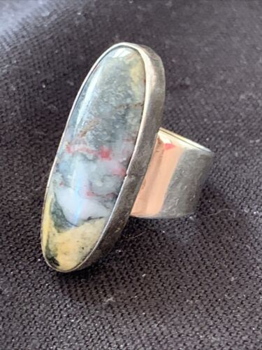 Southwestern Navajo Cinnabrite Ring | White Black | Sterling Silver | Sz 7.5 | 01559