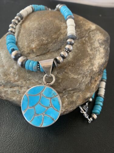 Southwestern Zuni Turquoise Necklace | Sterling Silver Inlay Pendant | Authentic Native American Handmade | 2089