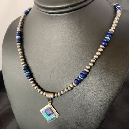 Men's Navajo Blue Lapis Turquoise Opal Inlay Pendant Necklace | Sterling Silver | 21" | 12607