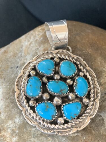 Navajo Blue Kingman Turquoise Cluster Pendant | Authentic Native American Sterling Silver | Multi-Stone | 2" | 02095