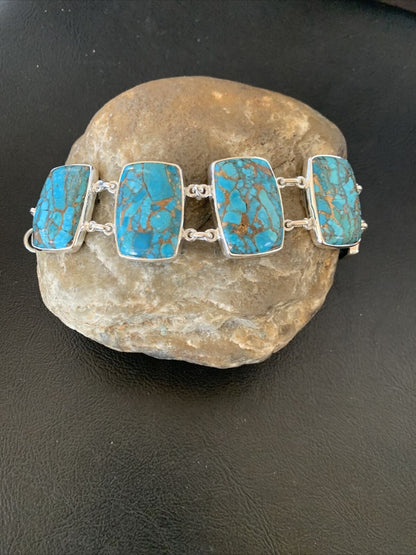 Navajo Blue Mojave Turquoise Link Bracelet | Sterling Silver | 8" | Authentic Native American Handmade | 11629 - Masha USA