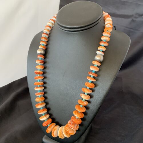 Authentic Native American Navajo Necklace | Orange Spiny Oyster & Turquoise | Sterling Silver | 22" Graduated | 11388