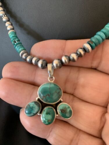 Navajo Pearl Necklace with Blue Cluster Turquoise and Multi-Stone Pendant | Authentic Native American Sterling Silver | 12546