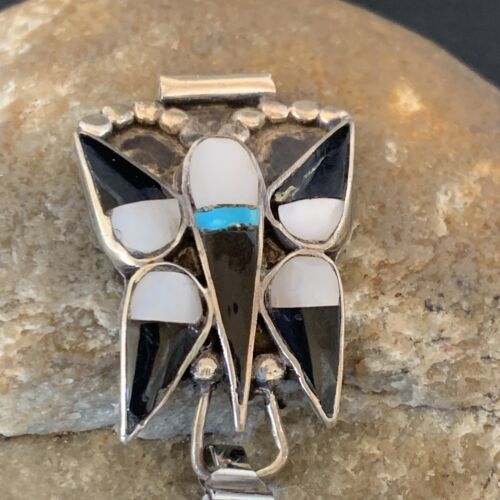 Navajo Sterling Silver Watch Tips | Old Pawn Turquoise Onyx Mother of Pearl Inlay | Authentic Native American Jewelry | 11929