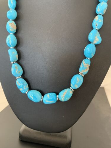 Navajo Sleeping Beauty Turquoise Beads Necklace | Sterling Silver Pearls | Authentic Native American Handmade | 00800