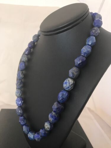 Navajo Chunky Faceted Denim Lapis Beads Necklace | Sterling Silver | Authentic Native American Handmade | 21" | 13973