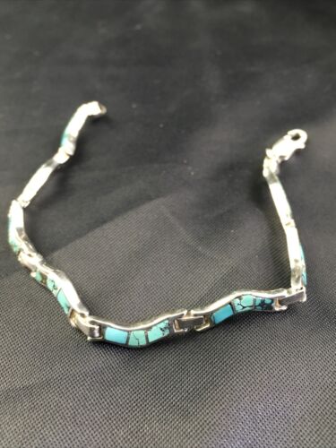 Native American Women's Sterling Silver Turquoise Inlay Link Bracelet | 6.75" | 2031