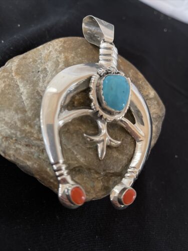 Navajo Sterling Silver Naja Pendant | Turquoise & Spiny Oyster | Authentic Native American Handmade | 1060