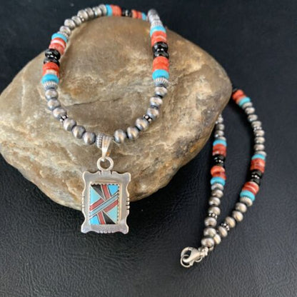 Navajo Multi-Color Turquoise Onyx Inlay Pendant Necklace | Sterling Silver | Authentic Native American Handmade | 13559