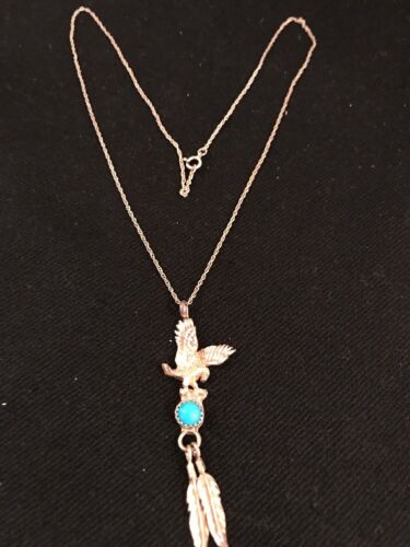 Sterling Silver Navajo Eagle Turquoise Feather Necklace Pendant 2.5" | Southwestern 17.5" | 3257