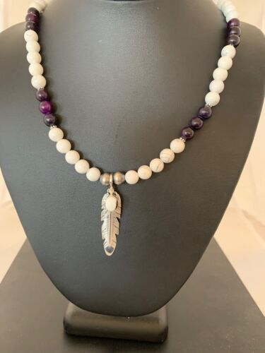 Men's Sugilite Beads Necklace with White Buffalo Pendant | Sterling Silver | Native American Handmade | 2557