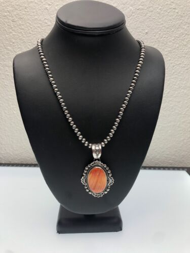 Navajo Pearls Orange Spiny Oyster Pendant Necklace | Sterling Silver | Authentic Native American Handmade | 11296