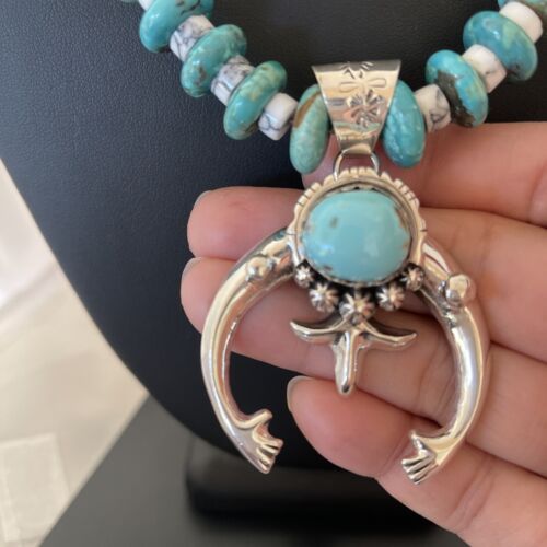 Navajo Kingman Turquoise Naja Pendant | Sterling Silver Howlite Necklace | Authentic Native American Handmade | 1388