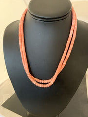 Navajo Pink Coral 2 Strand Heishi Bead Necklace | Sterling Silver Tube | 16" | Authentic Native American | 00758