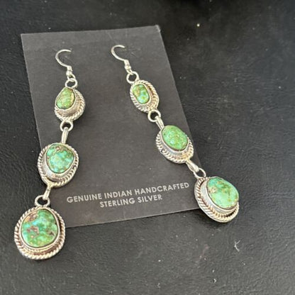 Navajo Green Sonoran Gold Turquoise Dangle Earrings | Sterling Silver | Authentic Native American Handmade | 14408