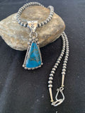 Navajo Pearls Sterling Silver Blue Spiderweb Turquoise Necklace Pendant | Men's Southwestern | 00861