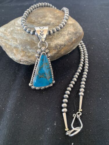 Navajo Pearls Sterling Silver Blue Spiderweb Turquoise Necklace Pendant | Men's Southwestern | 00861