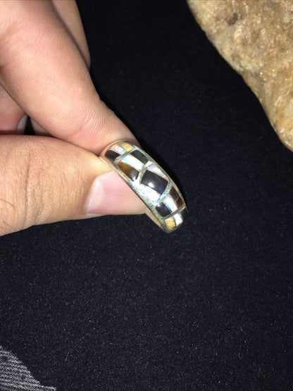 Navajo Men's White Opal & Black Onyx Inlay Ring | Sterling Silver | Sz 13.5 | Authentic Native American | 01789