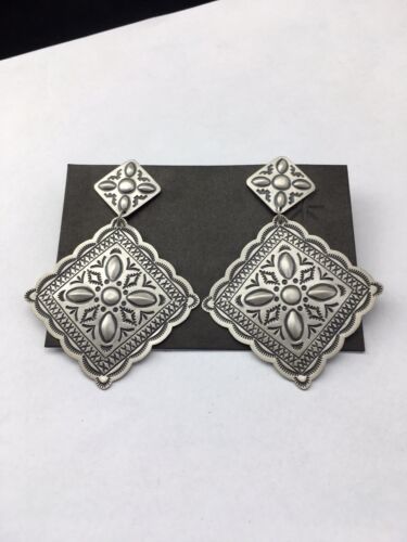 Native American Navajo Stamped Earrings Set | Sterling Silver | 2.75" | 1704