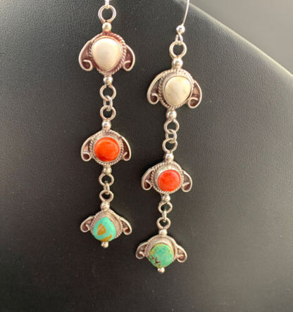 Navajo Spiny, Turquoise & Howlite Dangle Earrings | Sterling Silver | Authentic Native American Handmade | 01616