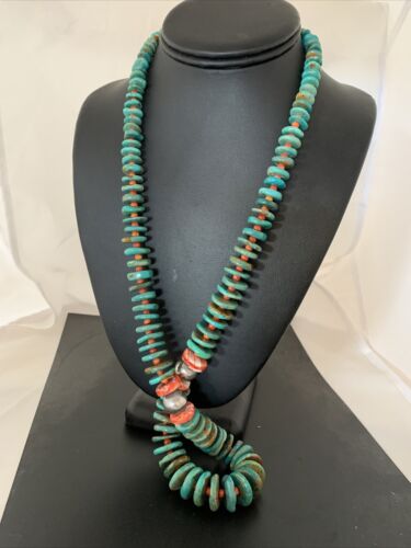 Navajo Necklace | Green Turquoise & Spiny Oyster | Sterling Silver | Authentic Native American | 28" Graduated | 01088