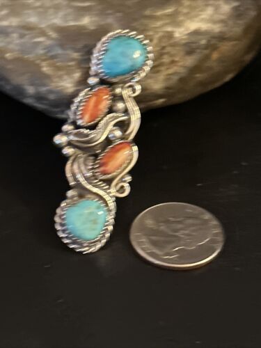 Navajo Turquoise Spiny Oyster Multi-Stone Ring | Authentic Native American Sterling Silver | Sz 8 | 14496