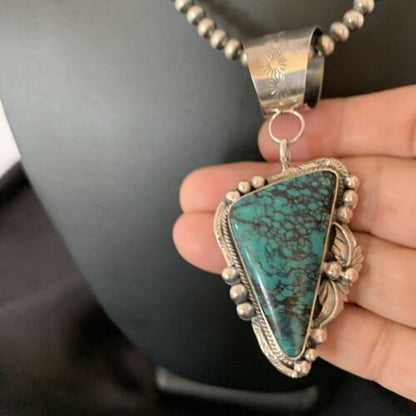 Men's Navajo Blue Spiderweb Turquoise Pendant Necklace | Sterling Silver | Authentic Native American Handmade | 10662