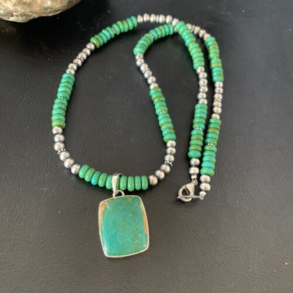 Navajo Green Turquoise Pendant Necklace | Sterling Silver Beads | Authentic Native American Handmade | 13305 - Masha USA