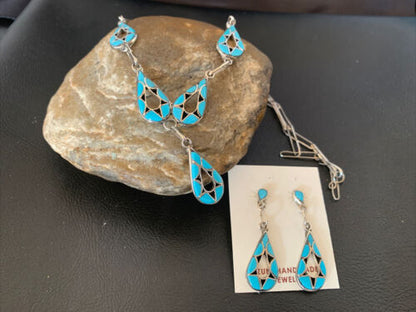 Southwestern Zuni Blue Turquoise Inlay Necklace | Sterling Silver | 19" | Native American Handmade | 11911