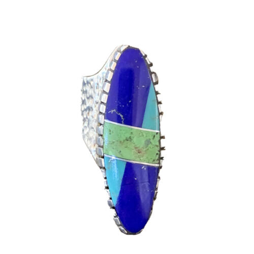 Navajo Multi-Color Lapis & Turquoise Inlay Ring | Sterling Silver | Sz 7 | Authentic Native American Handmade | 1577
