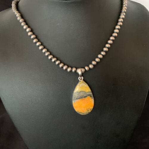 Navajo Yellow Bumblebee Jasper Pendant Necklace | Sterling Silver | Authentic Native American Handmade | 12805