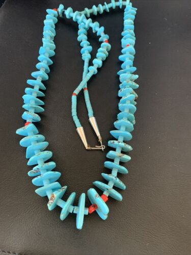 Authentic Native American Santo Domingo Necklace | Sterling Silver, Coral & Turquoise | 36" Graduated | 12068