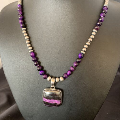 Navajo Pearls Purple Sugilite Onyx Necklace Pendant | Sterling Silver | Authentic Native American Handmade | 13396
