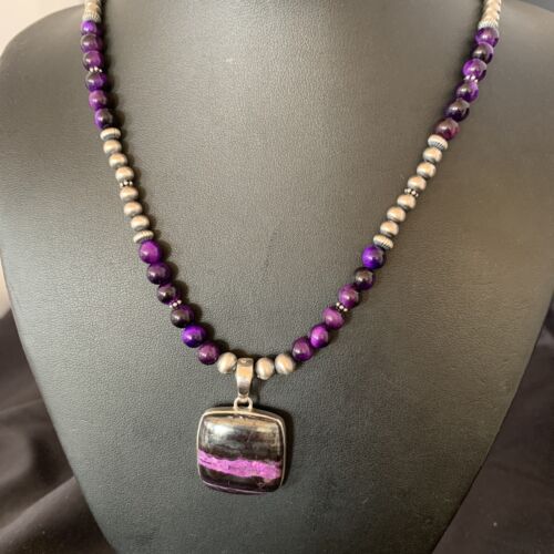 Navajo Pearls Purple Sugilite Onyx Necklace Pendant | Sterling Silver | Authentic Native American Handmade | 13396