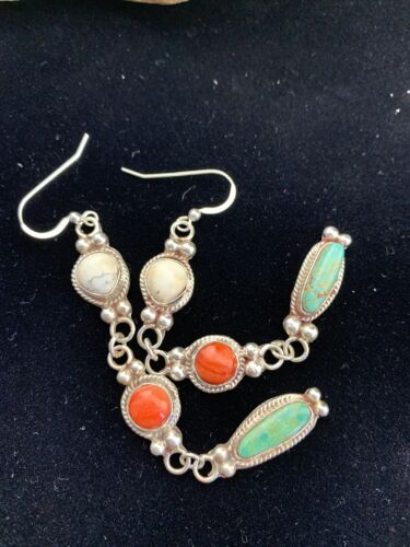 Navajo Howlite, Spiny Oyster & Turquoise Dangle Earrings | Sterling Silver | Authentic Native American Handmade | 1629
