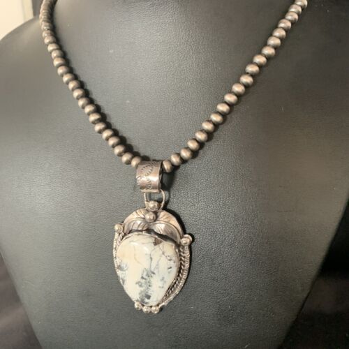 White Buffalo Turquoise Pendant Necklace | Sterling Silver | Navajo | Authentic Native American Handmade | 14053