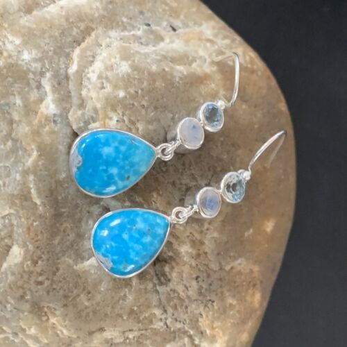 Navajo Blue Kingman Turquoise Earrings | Sterling Silver | Authentic Native American Handmade | 12033